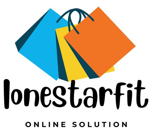A logo featuring three overlapping shopping bags in blue, yellow, and orange above the text 'lonestarfit' and 'ONLINE SOLUTION' on a plain white background.
